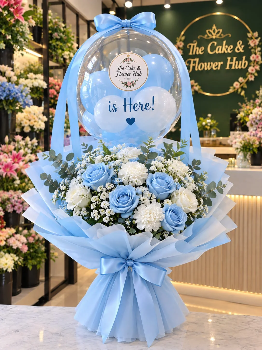 Celestial Blue & White Hot Air Balloon Floral Bouquet