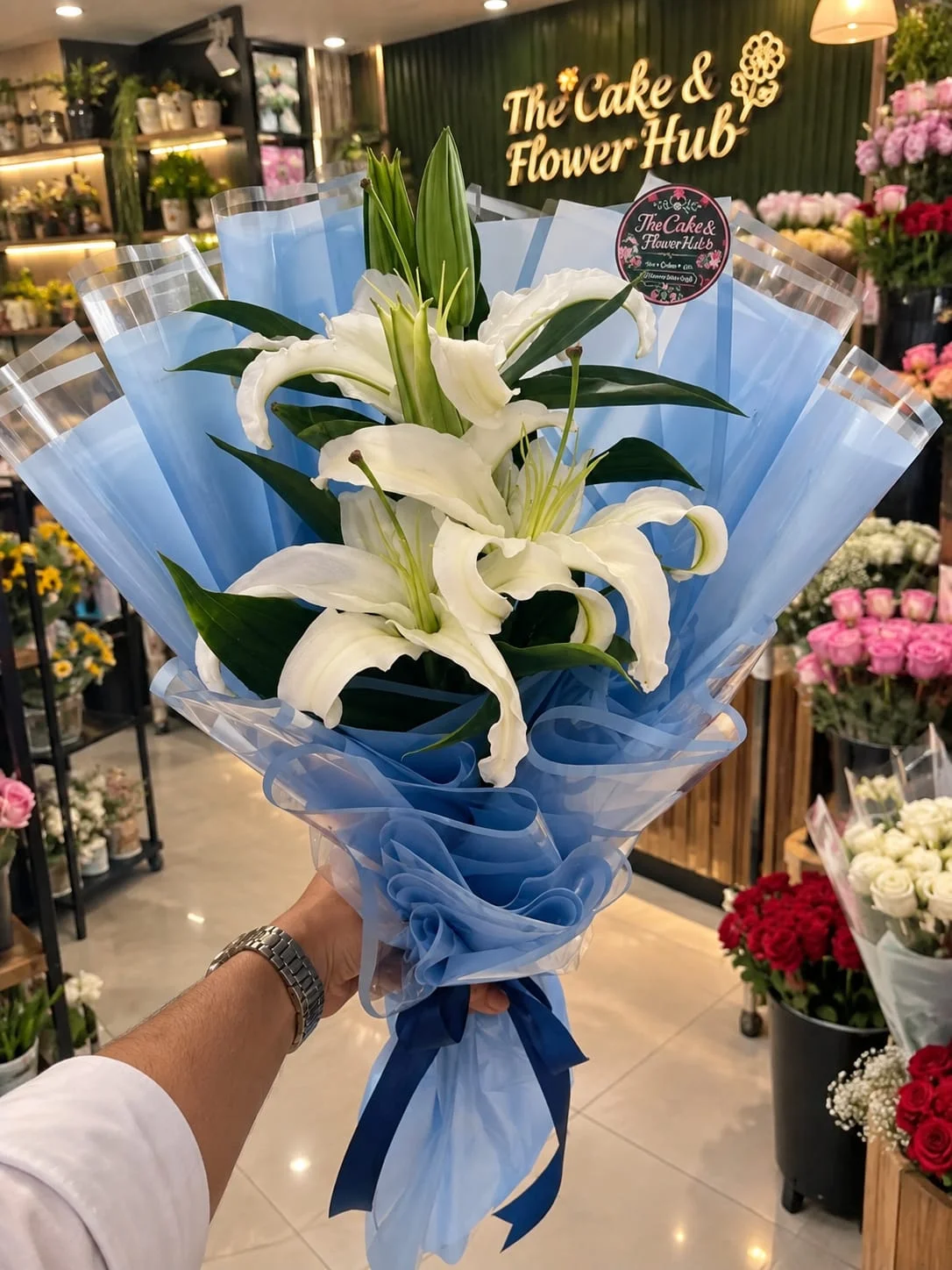Pure White Casablanca Lily & Sky Blue Elegance Bouquet