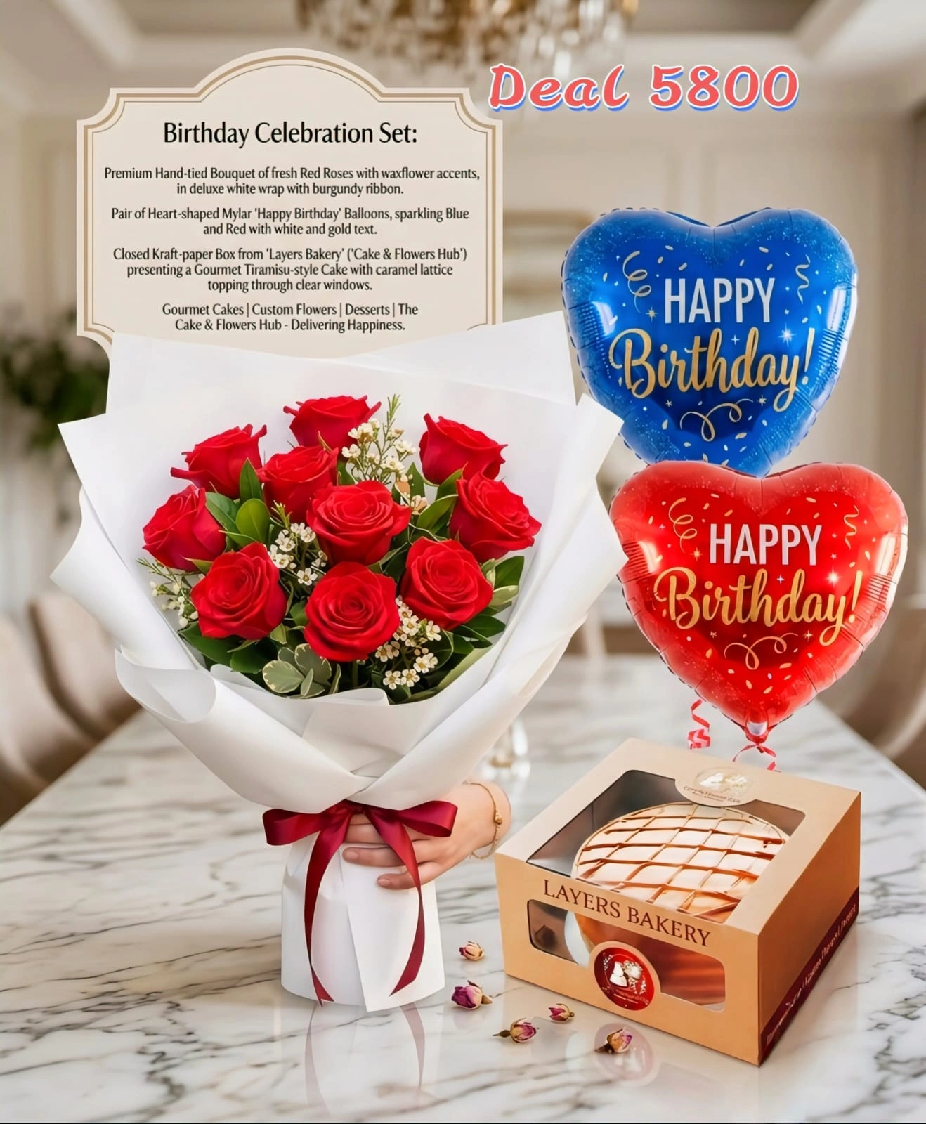 Layers Cake, Classic Red Rose Bouquet & Foil Balloon Deal
