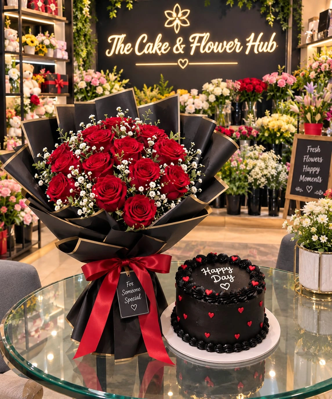 Royal Black & Crimson Customized Cake with Imported Rose Bouquet Combo