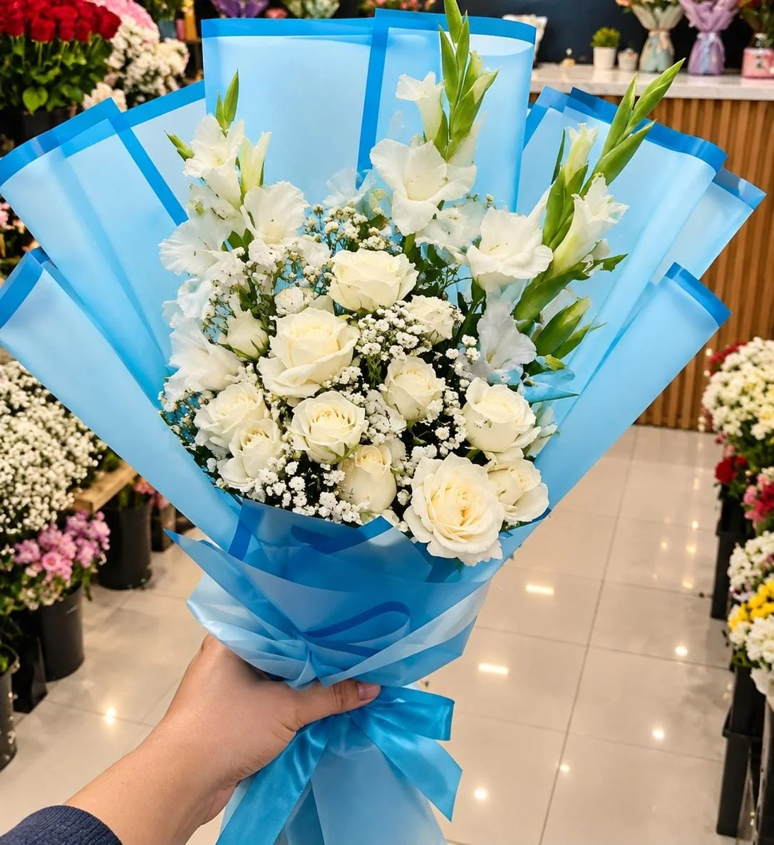 Ocean Serenity White Rose & Gladiolus Sky Blue Bouquet