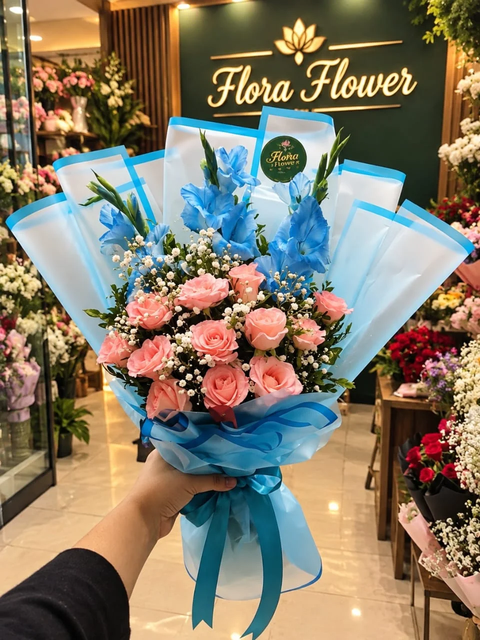 Blush Pink Rose & Sky Blue Gladiolus Luxury Bouquet