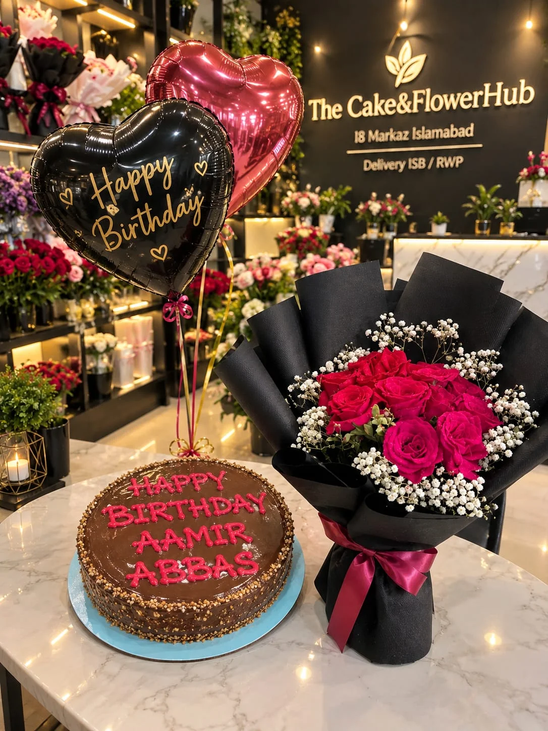 Crimson Rose Bouquet, 3 LB Layers Nutty Chocolate Cake & Heart Foil Balloons Set